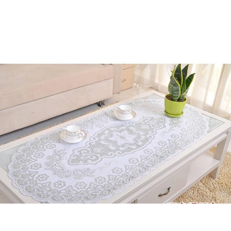 Khăn trải bàn hình oval dùng cho bàn mặt kính hoa văn nổi 3D sang trọng cỡ lớn 60x120cm (màu vàng)