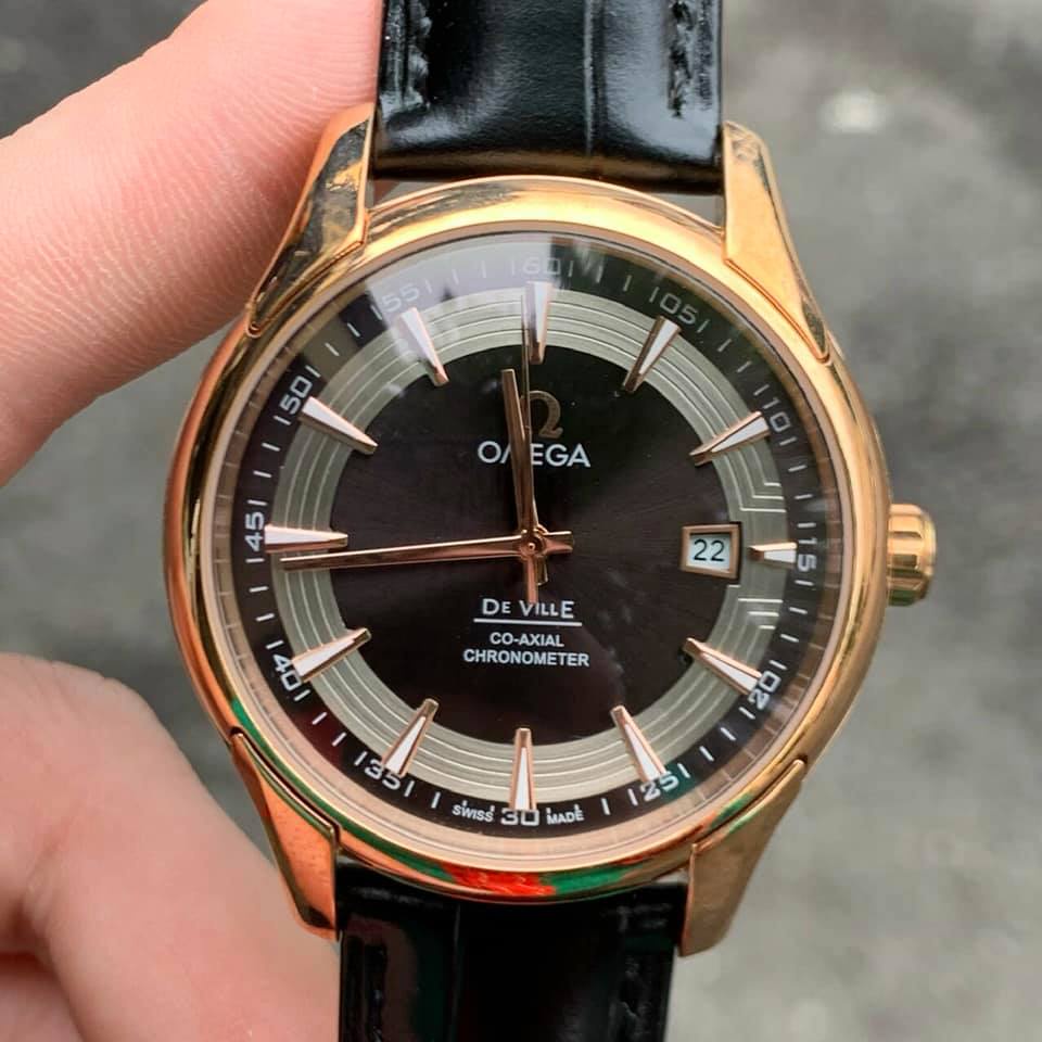 Đồng Hồ Nam Omega deville hour vision Cao Cấp chạy cơ Automatic dây da 40mm mặt đen vỏ vàng hồng