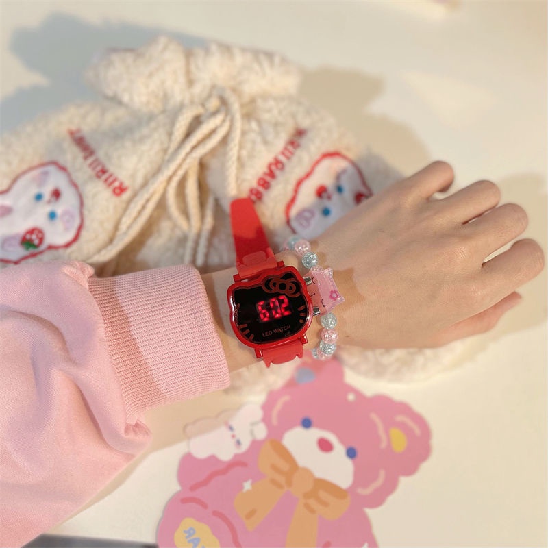 Đồng Hồ Đeo Tay Có Đèn LED Họa Tiết Hello Kitty Dễ Thương Phong Cách Nhật Hàn Cho Bé