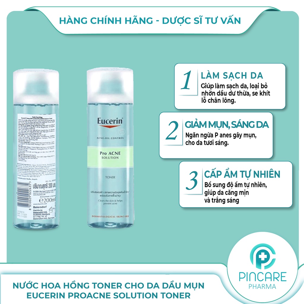 Nước hoa hồng Toner cho da dầu mụn Eucerin ProAcne Solution Toner 200ml - Hàng chính hãng - Nhà thuốc Pincare