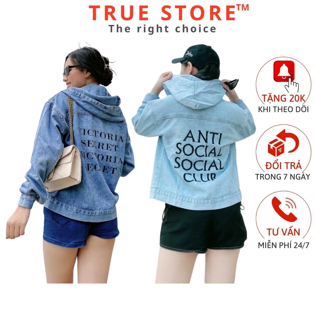 Áo khoác jean nữ có mũ FREE SIZE in chữ cực cá tính, hàng mới về trend 2022, True Store, AKJN21