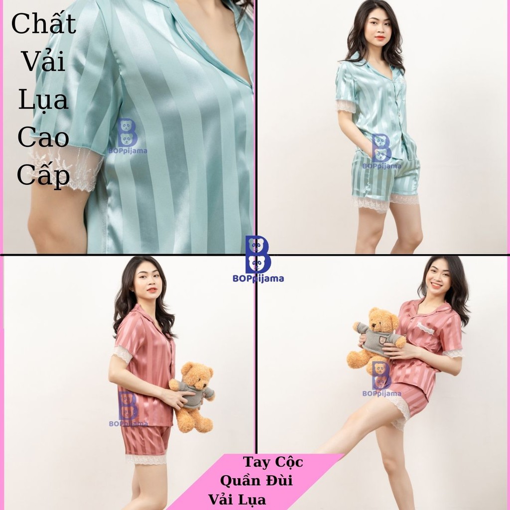 Đồ bộ ngủ cộc nữ pijama lụa gấm quần đùi có túi phối ren cao cấp- 09