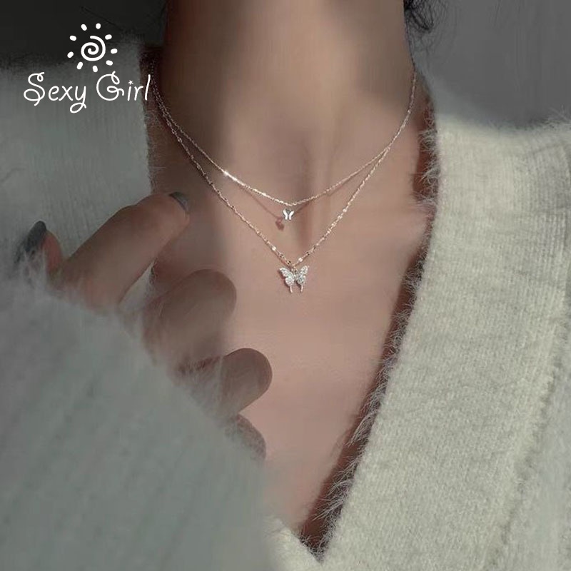 Vòng cổ Hai Lớp Mặt Hình Bướm Phong Cách Sang Trọng Quyến Rũ Dành Cho Nữ 2022