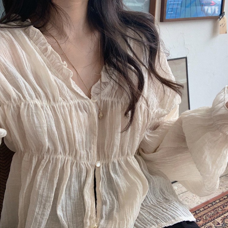 SUXI Áo kiểu màu trắng tay dài cổ chữ V thời trang Hàn Quốc thanh lịch