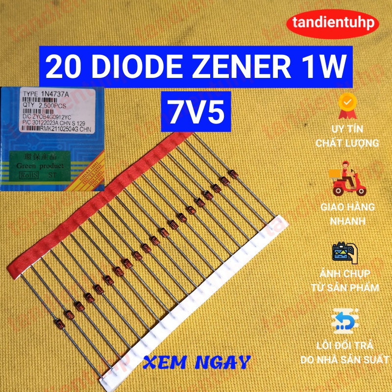 20 diode Zener 1W đi ốt ổn áp kiểu chân DO-41 trị số:1N4735A 6V2,1N4736A 6V8, 1N4737A 7V5, 1N4738A 8V2, 1N4739A 9V1 mới