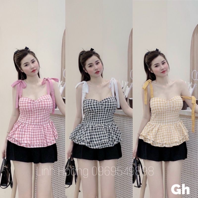 👰🏻 Áo Kiểu Bánh Bèo Cột Dây Sọc Caro PepLum ( CÓ MÚT NGỰC )