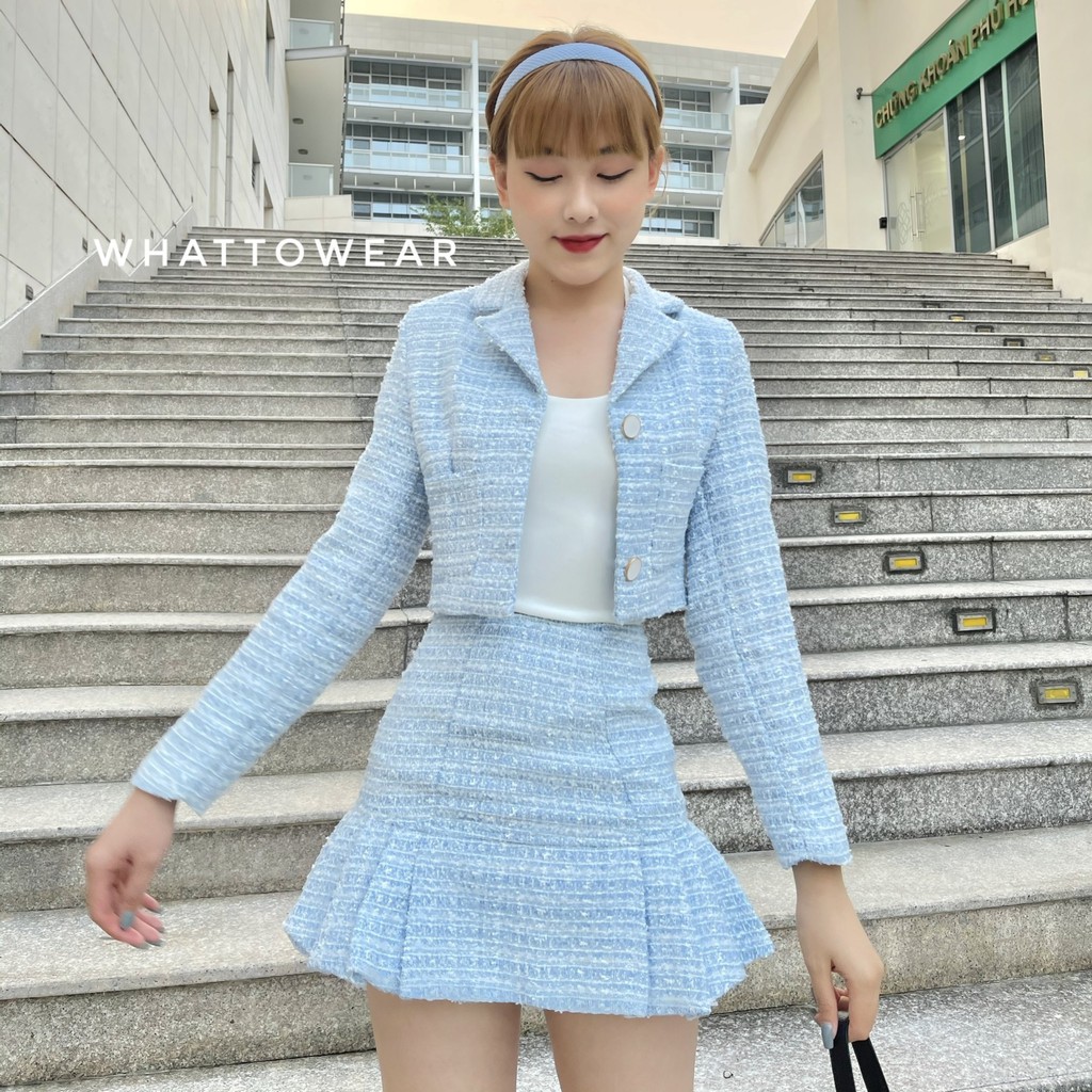 Set áo blazer &amp; chân váy tweed xanh tay dài