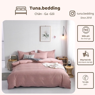 Bộ vỏ chăn ga gối - Poly kẻ ô hồng, ga xám xước - Set 4 món chưa bao gồm ruột