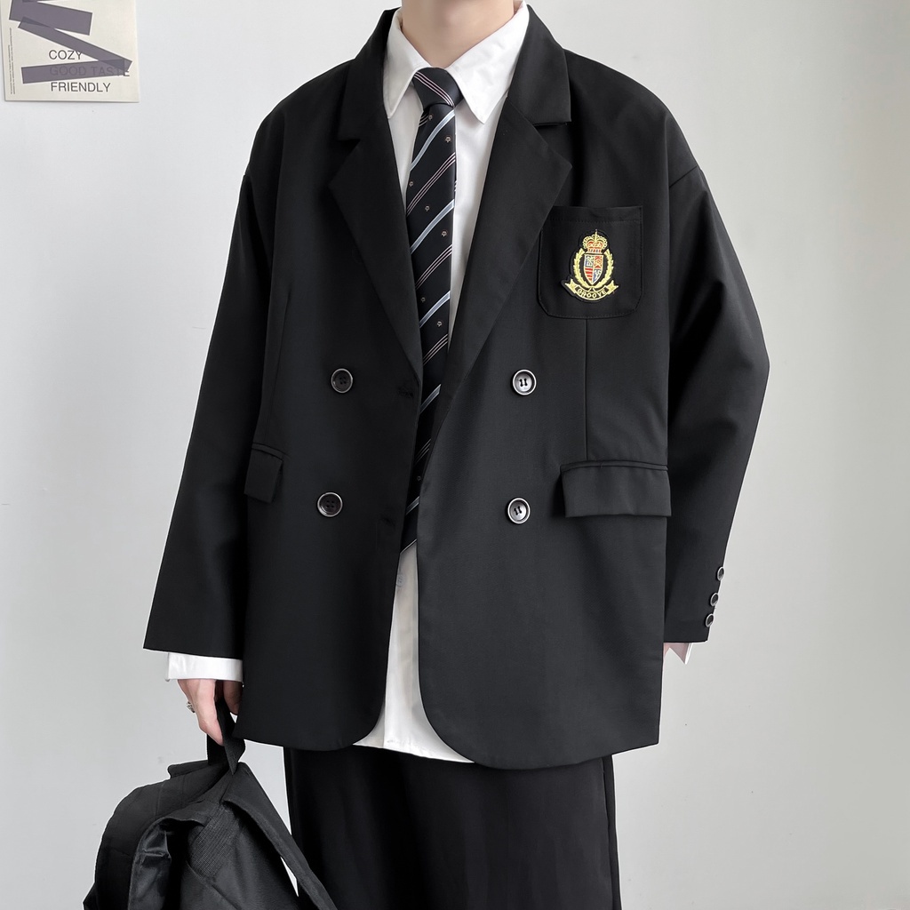 ♞AFF LIGA♞ Áo khoác đồng phục tay dài màu đen phong cách Hàn Quốc thời trang mùa thu cho cặp đôi 2021