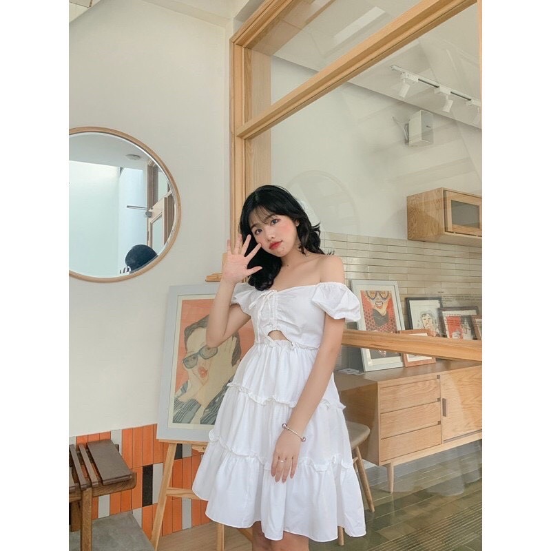 Váy rút dây khoét eo dáng xoè 2 màu Đen Trắng Đầm Dự Tiệc Cổ VBa tầng dài tay tiểu thư 2 lớp vintage Ullzang