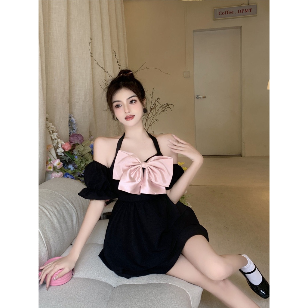 Đầm Trễ Vai Tay Phồng Cổ Thắt Nơ Eo Cao Phong Cách Pháp Ngọt Ngào