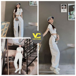 Set áo croptop ôm tay ngắn và quần jogger nữ chun ống màu trắng - VIETCEN