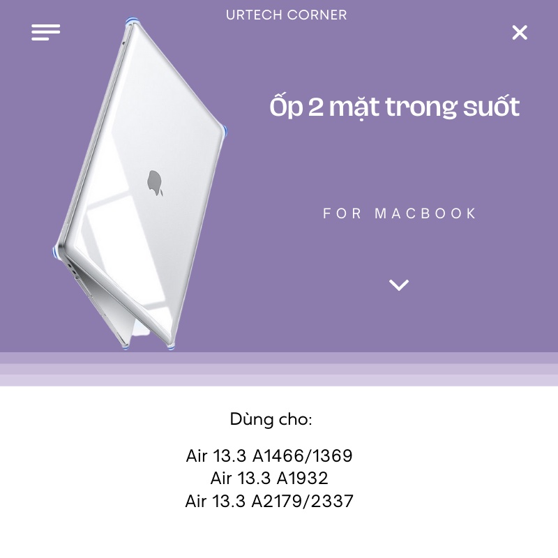 Case Macbook ốp hai mặt trong suốt Urtechcorner dành cho Mac Air 13.3 inch A1466/A1369/A1932/A2179/A2337