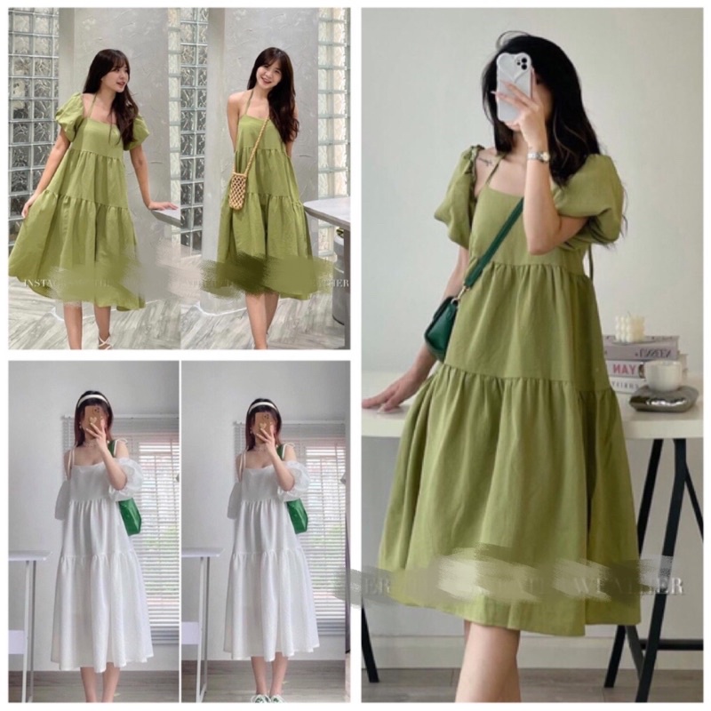 Váy Hai Dây Đũi Buộc Nơ Tay Bồng Trễ vai❤️Đầm Maxi 2 Tầng Dài Rộng Đi Biển( Hàng sẵn)