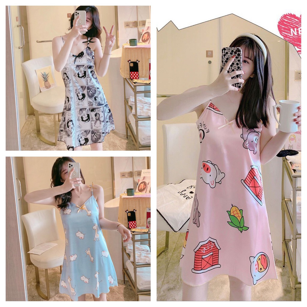 Đầm Ngủ 2 dây lụa, Váy Ngủ 2 Dây lụa Hàn Quốc Dễ Thương Dành Cho Nữ Mùa Hè