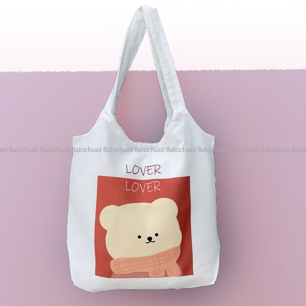 Túi vải canvas đeo vai tiện ích đi học, đi du lịch - Túi tote hình gấu LOVER