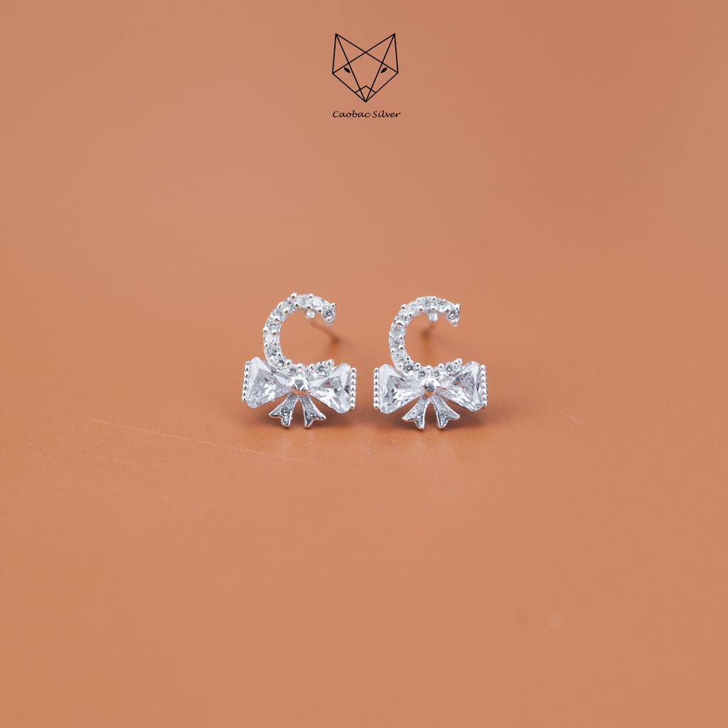 Khuyên Tai Bạc Ta CaoBac Jewellery Cho Nữ Đính Đá Nổi Bật Hoạ Tiết Nơ Sáng Lấp Lánh Sang Trọng
