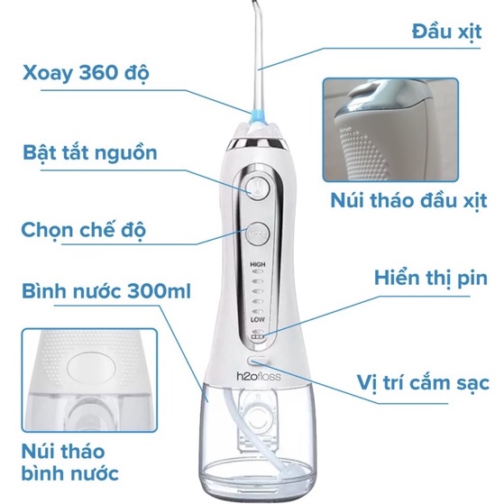 Máy tăm nước H2O Floss HF- 6P có 5 chế độ, chính hãng, tặng túi vải đựng cao cấp