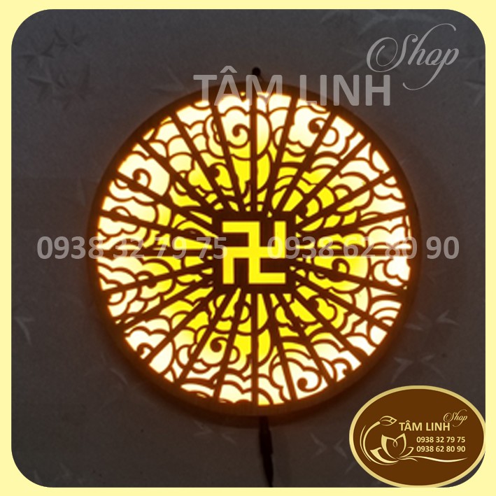 Hào Quang Led Cắt CNC Vân Mây Trên Gỗ Hoa Sen Và Chữ Vạn