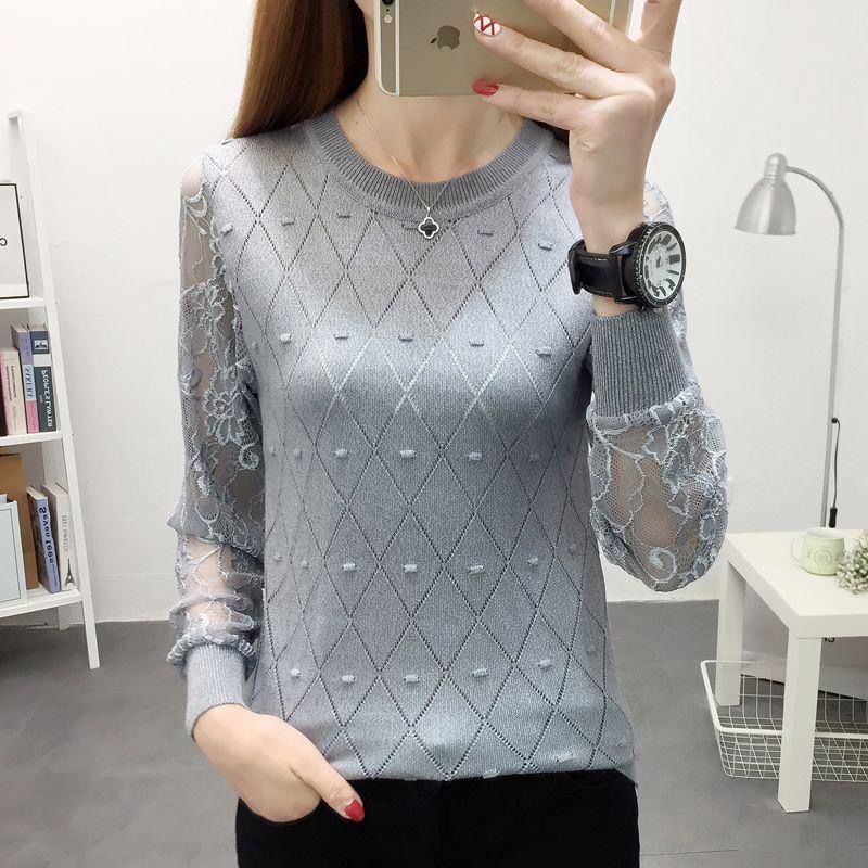 Áo Sweater Dệt Kim Mỏng Dáng Rộng Phối Ren Phong Cách Hàn Quốc Mới