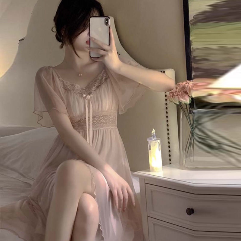 Đầm Ngủ Tay Ngắn Có Mút Đệm Ngực Phối Ren Phong Cách Công Chúa Dễ Thương Quyến Rũ Cho Nữ