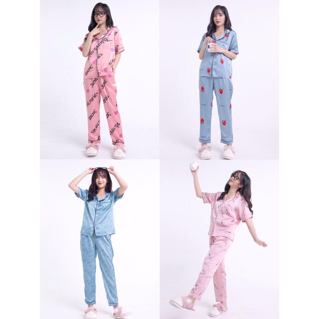 Bộ ngủ lụa satin tay cộc quần dài