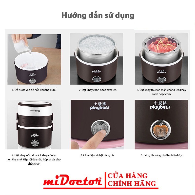 [Màu Hồng] Bộ hộp cơm điện giữ nhiệt 3 tầng, ruột inox cao cấp, cà men hâm nóng thức ăn - Hàng Chính Hãng miDoctor