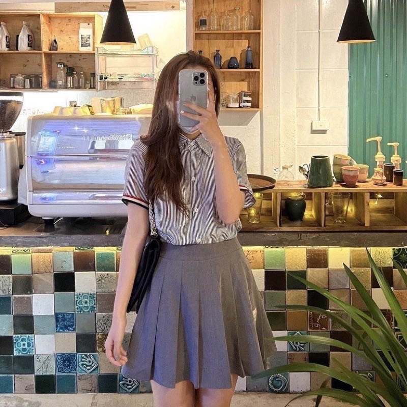 Set bộ Thomb chân váy xoè áo sơ mi, Set đồ nữ hoạ tiết kẻ sọc phong cách Hàn Quốc