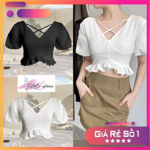 Áo Croptop Nữ Tay Phồng Nhún Bèo Có 2 Màu Đen Trắng Dây Đan Chéo Sexy