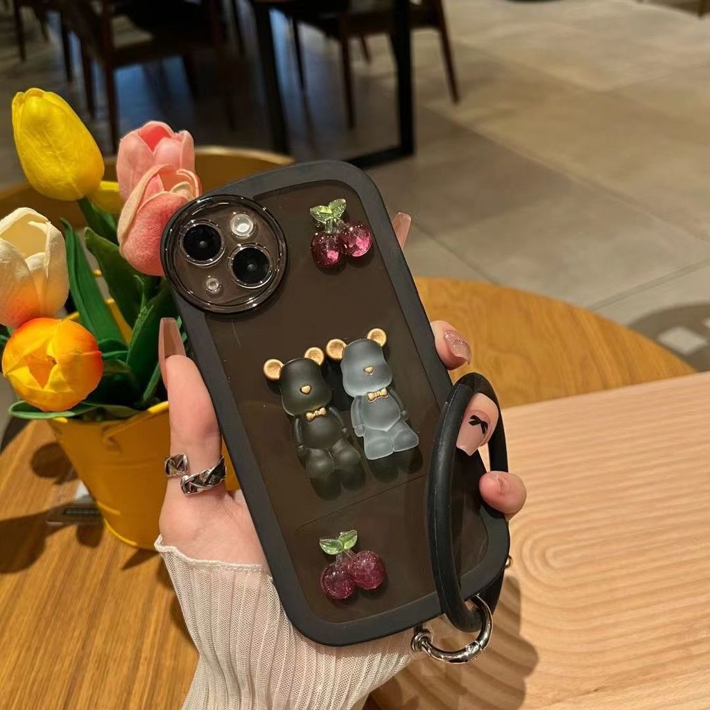 Ốp Điện Thoại Ba Chiều Họa Tiết Gấu Cherry Kèm Dây Đeo Cho iphone 12 13 11 Pro Max X Xs Max Xr Htc6