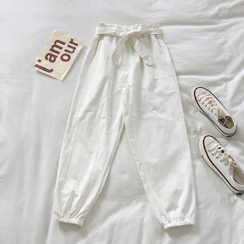 Women Harem Pants Mid Waist Elastic Drawstring Solid Color Straight Casual Long Nine Pants | BigBuy360 - bigbuy360.vn