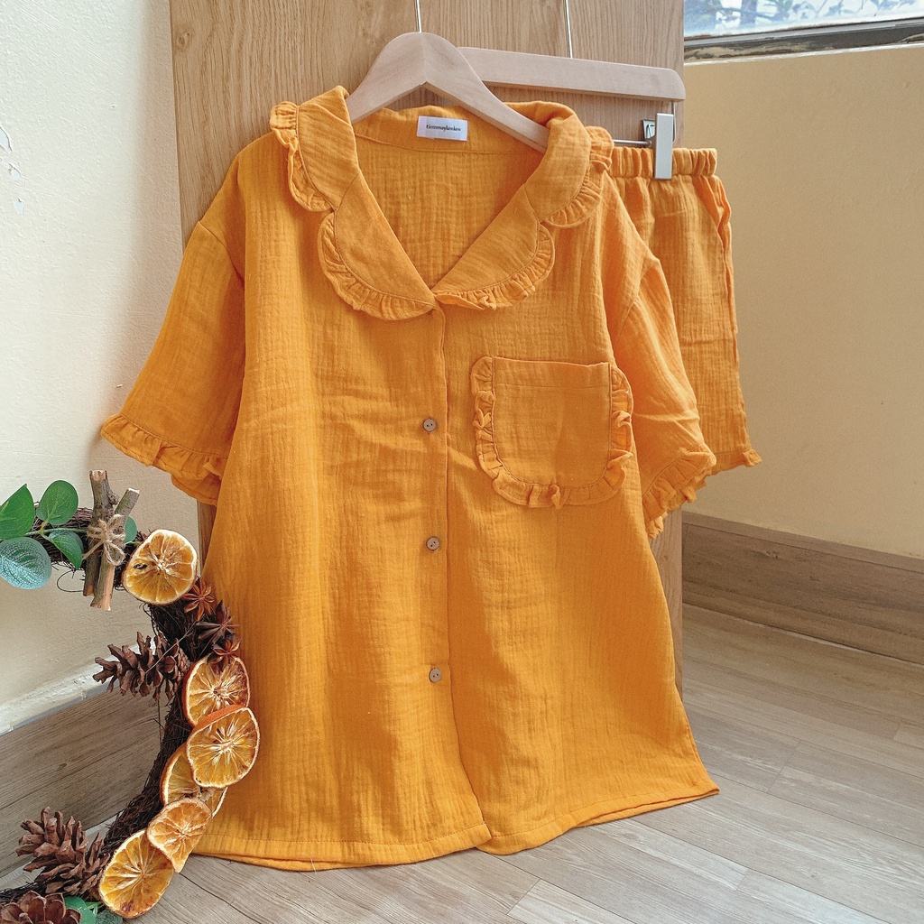 Set quần áo ngủ thiết kế xô muslin TIEMMAYKEOKEO bộ đồ freesize dễ thương bèo nhún phom rộng xinh xắn thời trang nữ