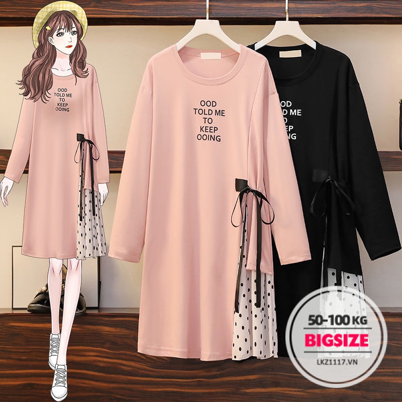 Đầm thun suông nữ Bigsize váy bầu xinh dáng Xuông tay dài from rộng Cổ Tròn trơn Thắt Nơ mùa thu Phong cách Hàn Quốc Thời Trang cá tính cute đẹp cho người mập béo nữ
