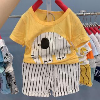 Bộ cotton hè áo vàng quần sọc cho bé trai gái 9-17kg