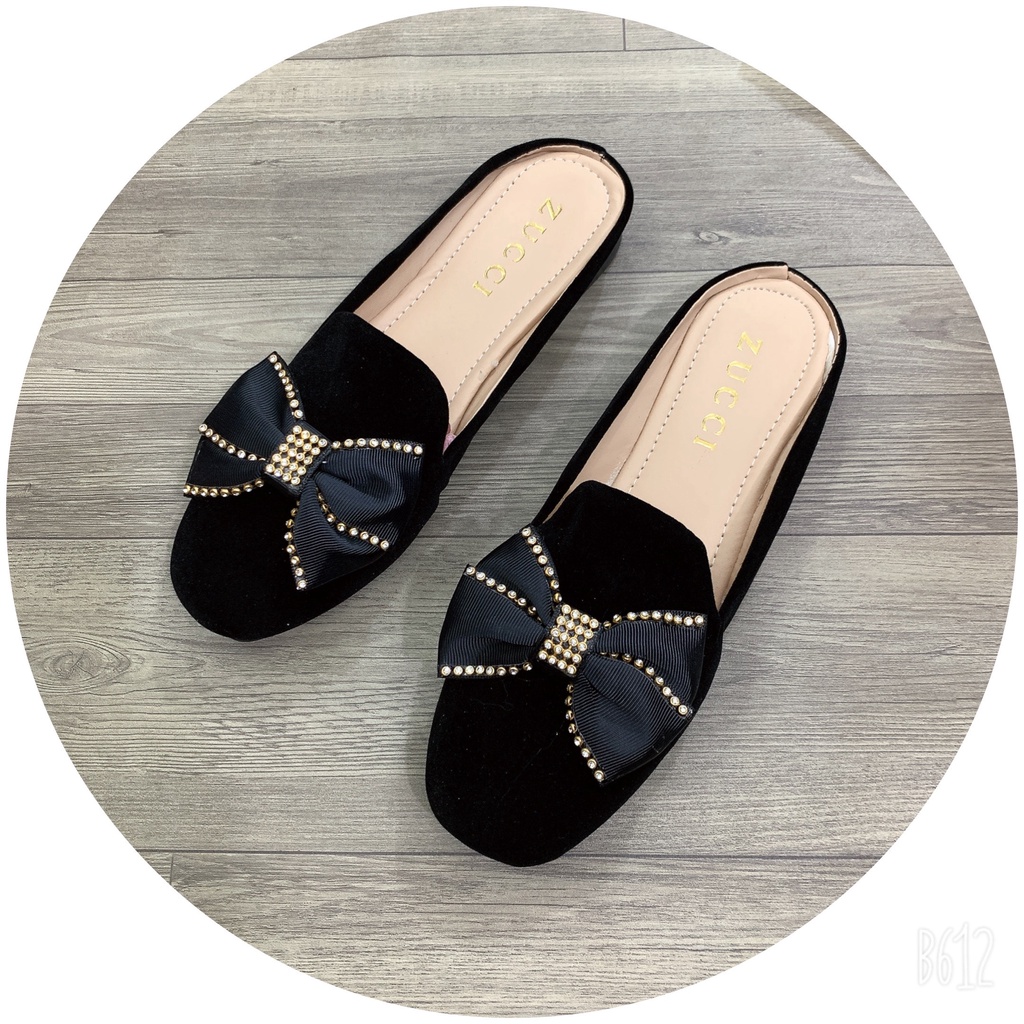 dép sục nữ mũi vuông đinh nơ viền mã HT3