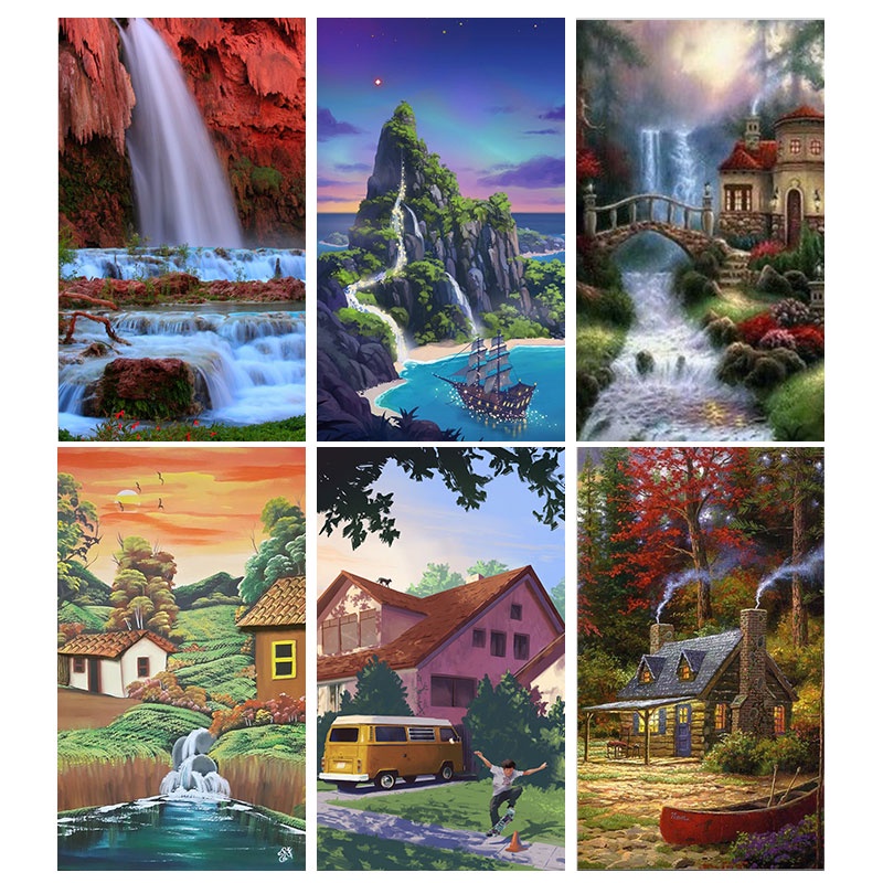 Bộ tranh đính đá 5D họa tiết phong cảnh/ hồ/ rừng độc đáo kích thước 30x40cm DIY dùng trang trí