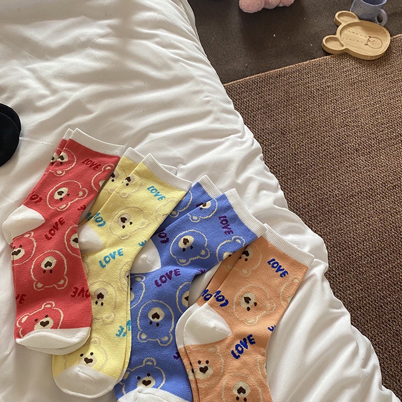 Vớ Cotton Dày Cổ Trung Họa Tiết Hoạt Hình Dễ Thương Phong Cách Hàn Quốc