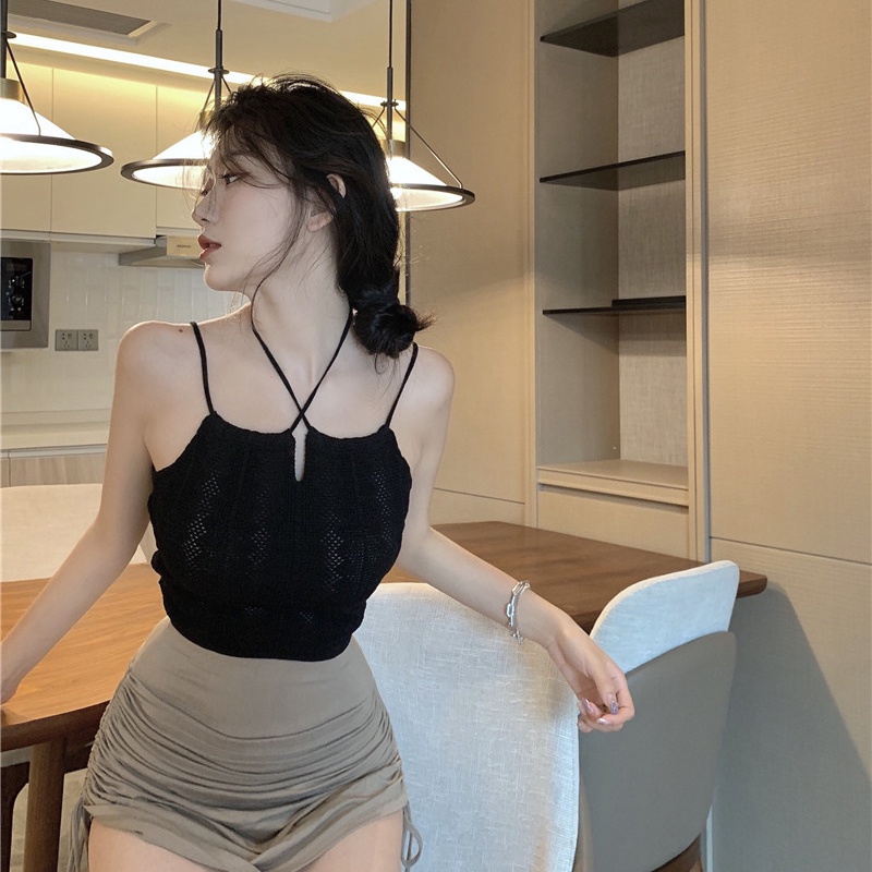 Áo hai dây mảnh dáng ngắn màu trơn cổ chữ U dệt kim cho nữ