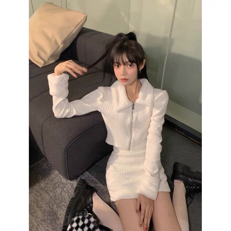 SET ÁO LEN CROPTOP CỔ LÔNG TAY LÔNG KÉO KHOÁ + CHÂN VÁY LEN BODY NGẮN