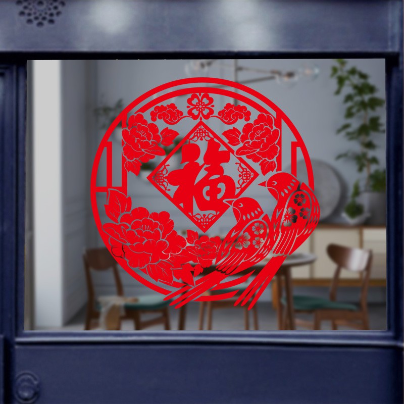 Decal dán tết - Vòng tròn Chim cặp chữ Phúc ánh vàng đỏ loại 1