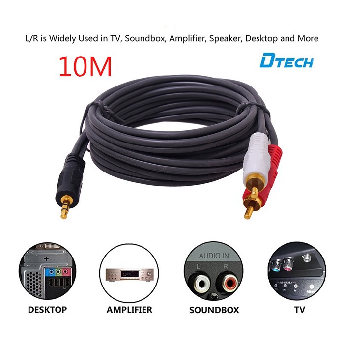 (Freeship) Cáp loa dài 10m Dtech 1 ra 2 DT-6214( Cáp xịn) .Cáp audio 3.5mm ra 2 đầu hoa sen dài 10m