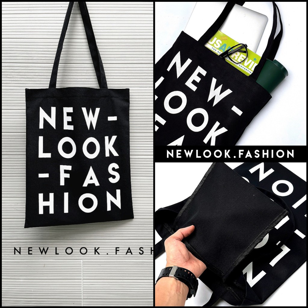 ★ TÚI TOTE ĐEO VAI NAM NỮ VẢI BỐ CANVAS ĐEN TRƠN FORM CHỮ NHẬT ĐỨNG NEWLOOK.FASHION ( 43 x 34cm )