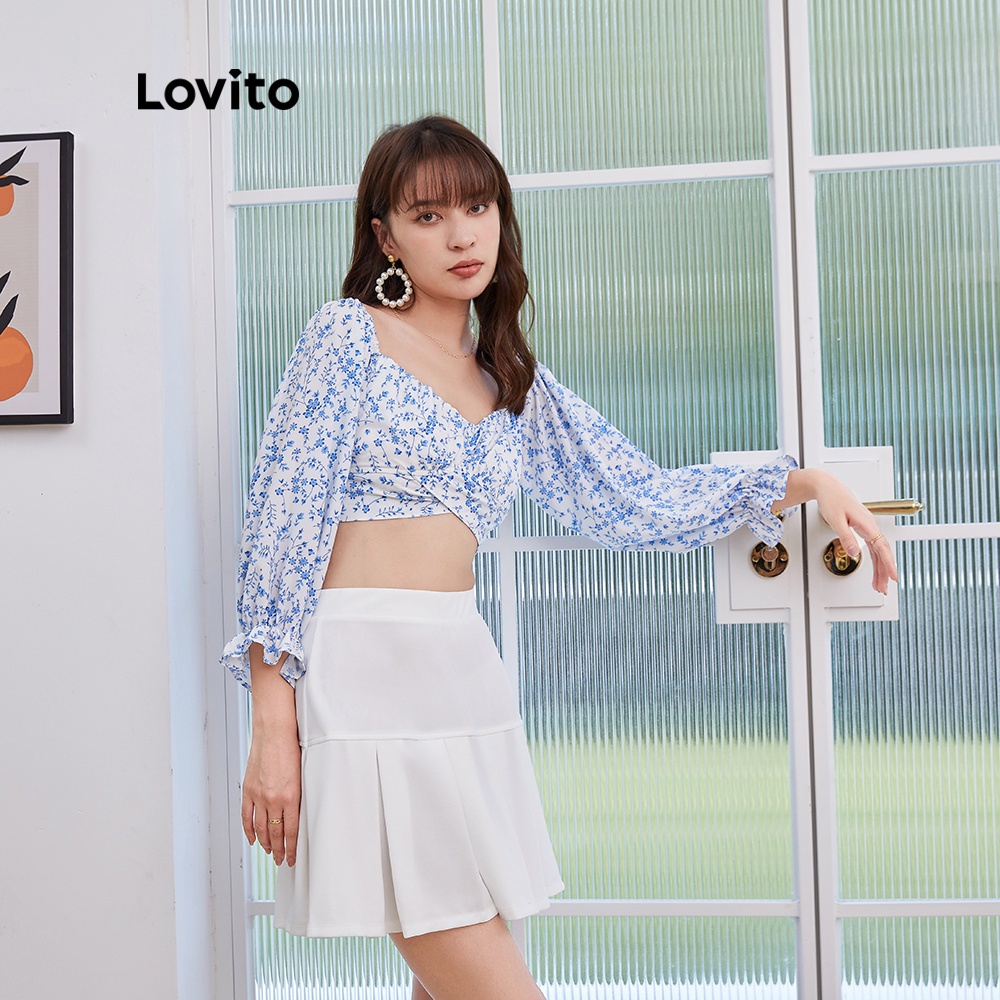 Áo kiểu Lovito L04146 dài tay màu trắng họa tiết hoa nhí dáng ôm vừa vặn có dây thắt sau lưng | BigBuy360 - bigbuy360.vn