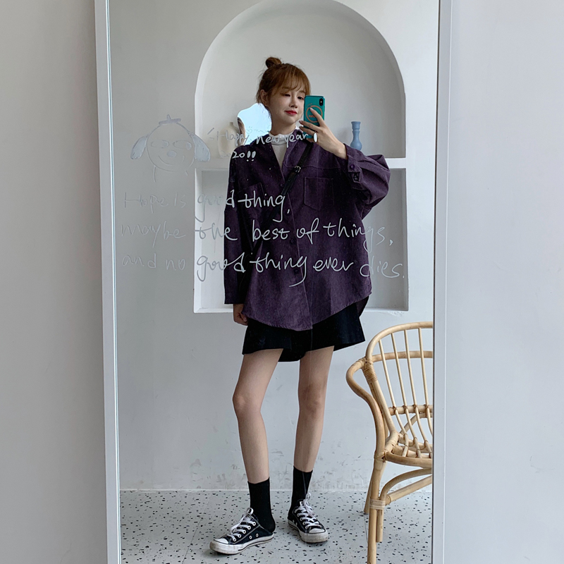 SUXI Áo Khoác Cardigan Nhung Kẻ Dài Tay Dáng Rộng Màu Trơn Phong Cách Retro Hàn Quốc