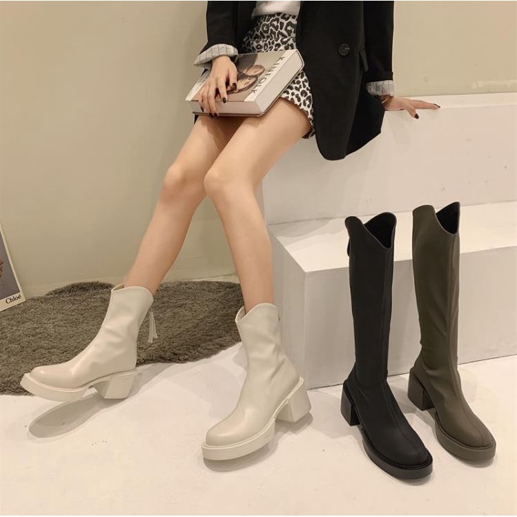 Bôt đùi cao cổ WOMENSTORY giày boots nữ da PU mềm khóa sau boot mũi tròn đế bằng 5 cm boost thời trang mùa đông 996