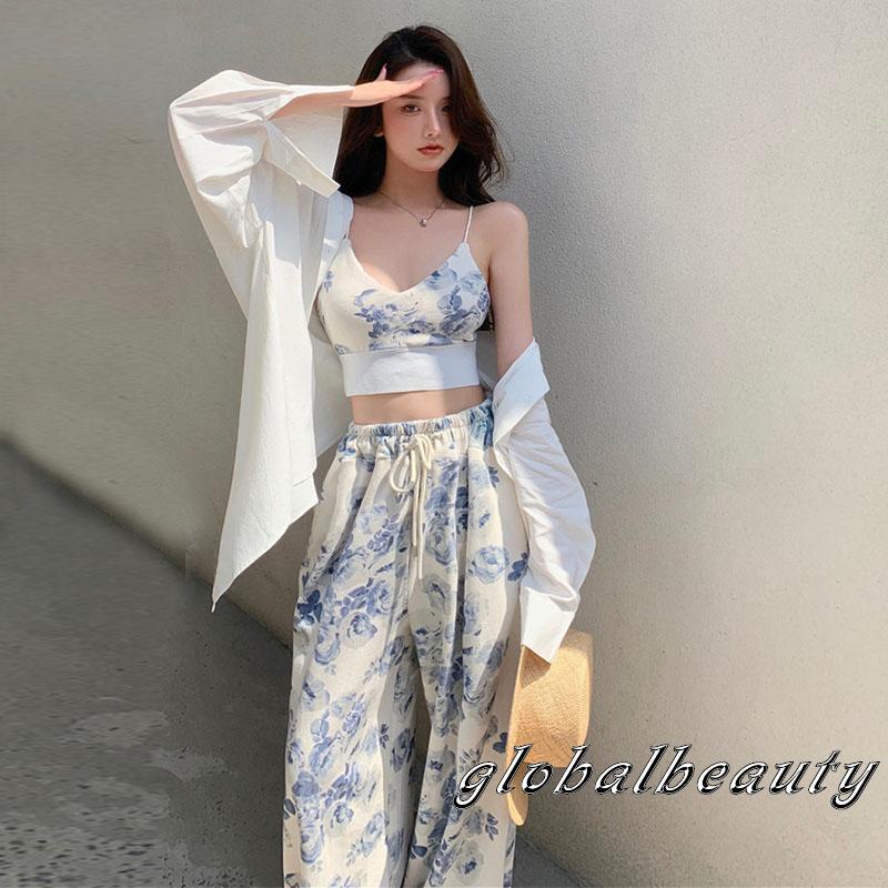 Set Áo 2 Dây Cổ Chữ V In Hoa + Quần Dài Lưng Thun Thời Trang Nữ