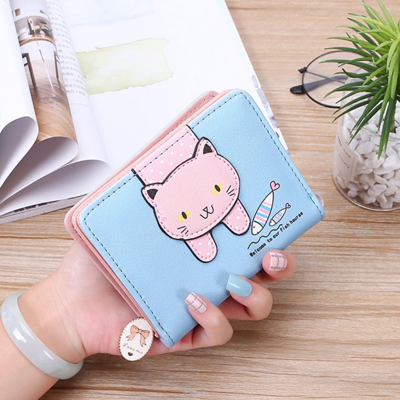 Ví Da PU Ngắn Đựng Thẻ / Tiền Xu In Hình Mèo Dễ Thương Kiểu Retro Cho Nữ