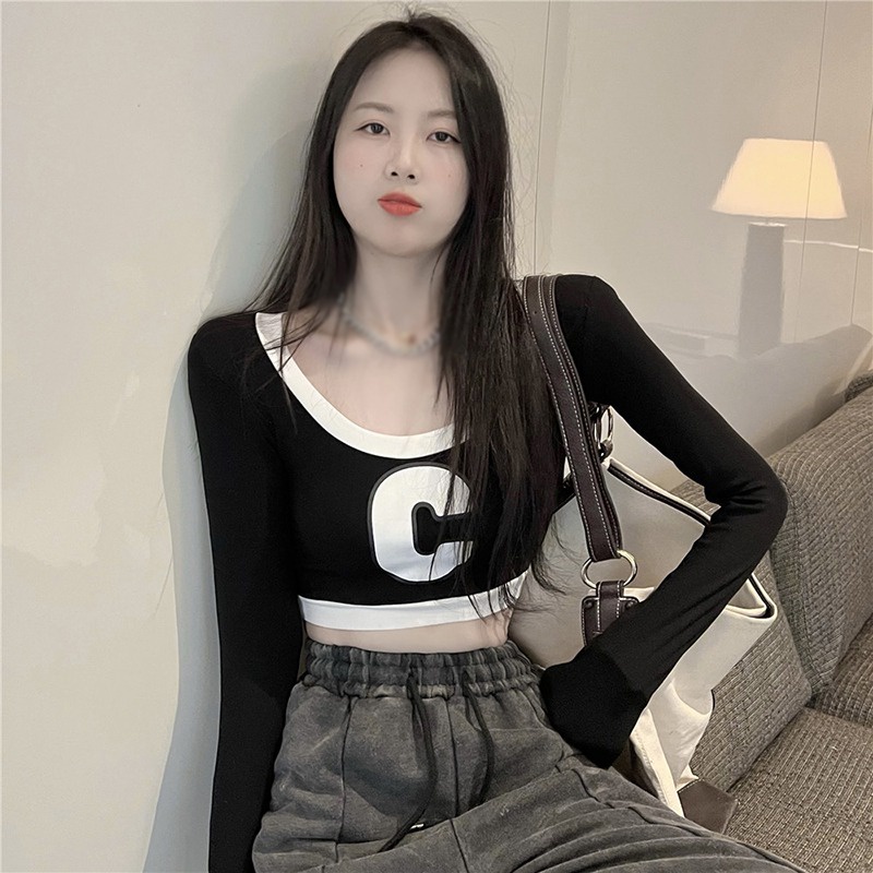 Áo Thun Lửng Tay Dài Cổ Tròn In Chữ Màu Sắc Khối Màu Phong Cách Hàn Quốc Dành Cho Nữ