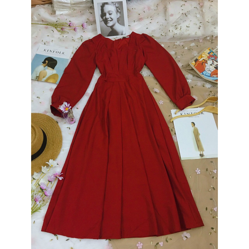 Đầm thiết kế dự tiệc midi tay dài - váy trắng nude đỏ | BigBuy360 - bigbuy360.vn