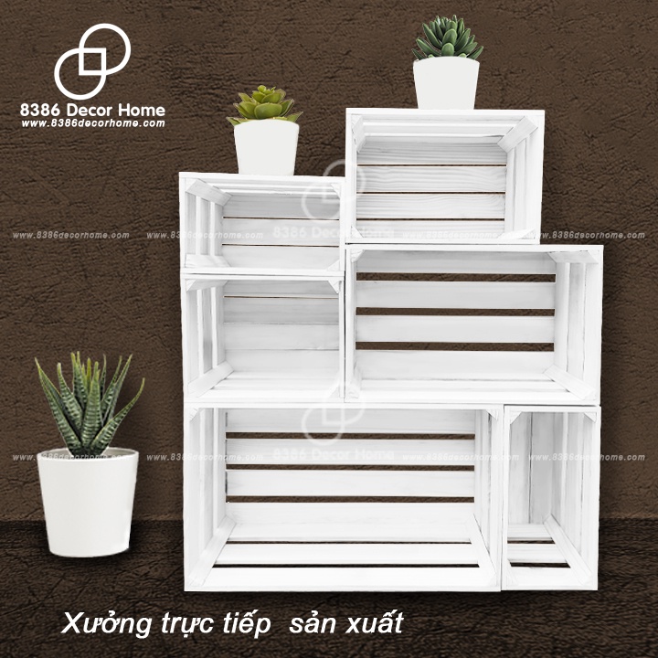 Thùng gỗ Pallet màu trắng đựng đồ đa năng, trang trí homestay, Kệ decor gỗ thông mới, nhiều kích thước (sơn từ gỗ thông)